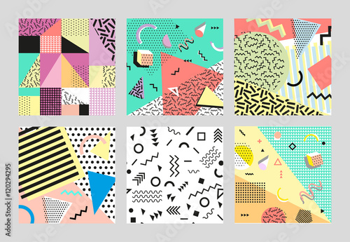 Retro vintage 80s or 90s fashion style. Memphis cards. Trendy geometric elements. Modern abstract design poster, cover, card design. Vector illustration. Big set.
