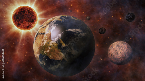 Fototapeta Naklejka Na Ścianę i Meble -  Planet Earth, The Sun, The Moon and Planets In Space