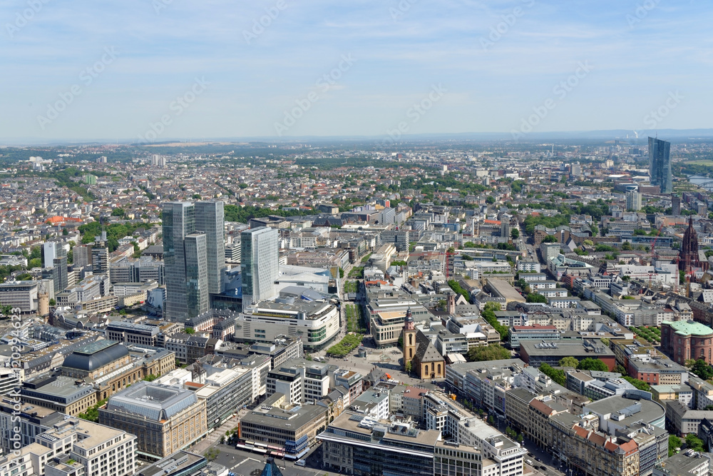 Aerial view of Frankfurt from the observatory deck of the Mian tower. Frankfurt is the largest financial centre in continental Europe.