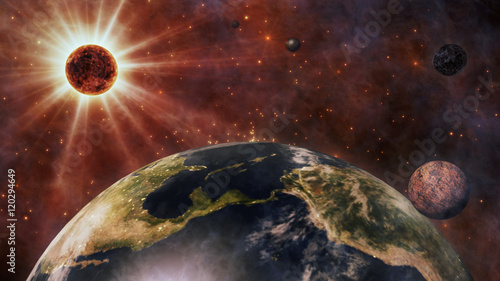 Fototapeta Naklejka Na Ścianę i Meble -  Planet Earth, The Sun, The Moon and Planets In Space