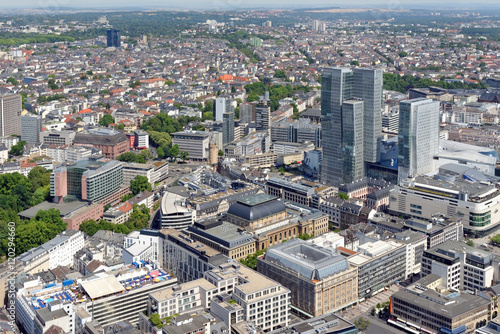 Aerial view of Frankfurt from the observatory deck of the Mian tower. Frankfurt is the largest financial centre in continental Europe.