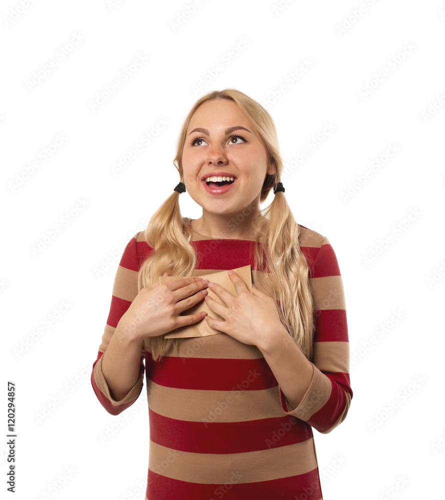cute girl joyfully presses to the chest letter. beautiful young blond woman is pleased receiving a letter in a brown envelope. isolated on white background cute girl joyfully presses to the chest letter. beautiful young blond woman is pleased receiving a letter in a brown envelope. isolated on white background