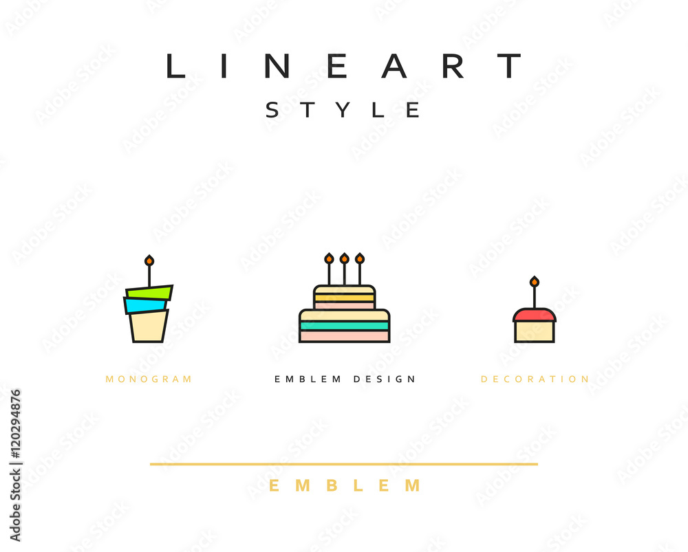 Cake vector icon style line art. Birthday cake. Cooking pastries. Monogram emblem element design style lineart.