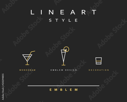 Cocktail wineglass vector icon style line art. Monogram emblem element design style lineart.
