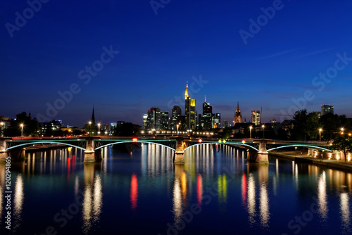 View of Frankfurt am Main skyline at sunset in Germany.