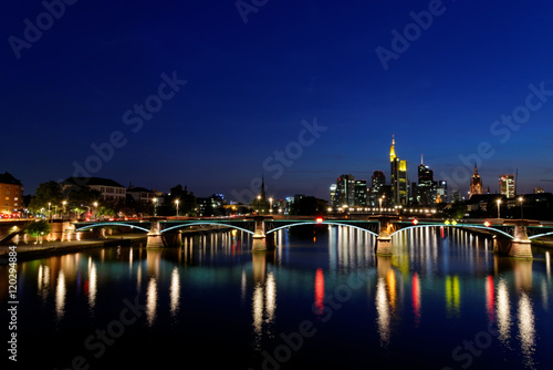 View of Frankfurt am Main skyline at sunset in Germany.