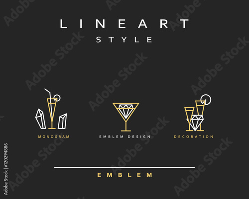 Cocktail wineglass vector icon style line art. Monogram emblem element design style lineart.