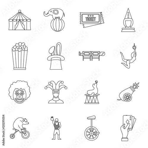 Circus entertainment icons set in outline style. Circus animals and characters set collection vector illustration