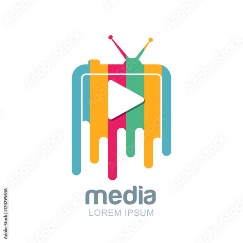 Media and tv news vector logo design template. Television broadcast concept. Isolated icon of multicolor striped tv with button.