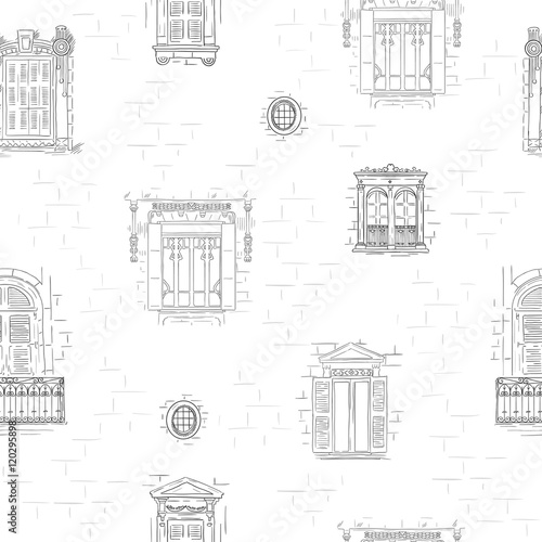 Outline hand drawn windows pattern background. Vintage architecture line wallpaper