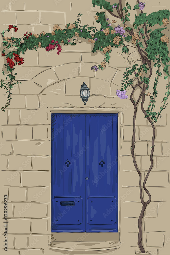 Fototapeta premium doorHand drawn blue door with lamp. Stone wall with climbing tree. Home stone porch