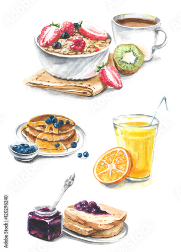 Collection of different breakfast - juice, jam, pancakes, coffee, bread, muesli