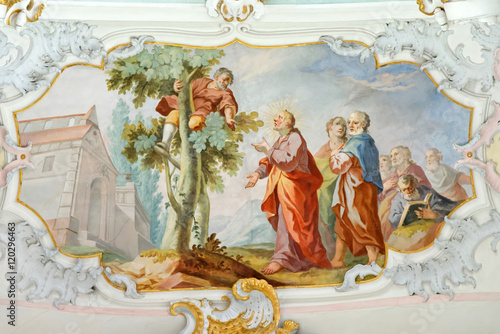 Fresco in Pilgrimage Church Wieskirche, a rococo church,designed in 1740s by Dominikus Zimmermann. A UNESCO World Heritage List in 1983.