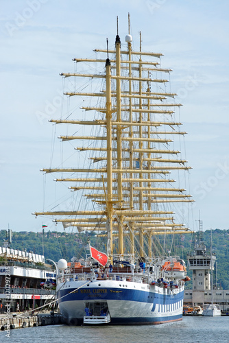 Five-masted Royal Clippers sailing ship owned by Star Clippers at the passenger terminal docks of the harbor in Varna, Bulgaria.
