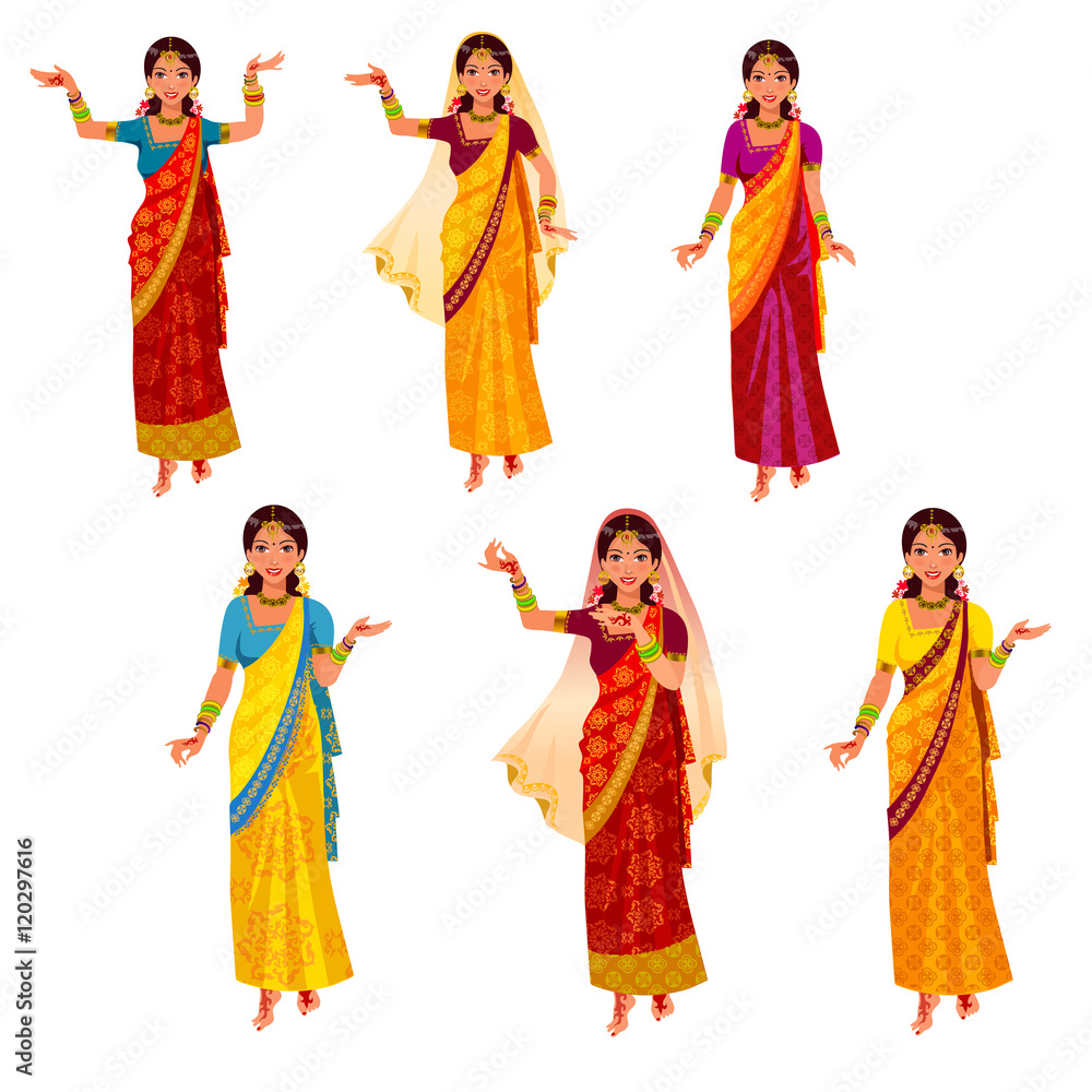 Set of Indian women in a sari isolated on white.