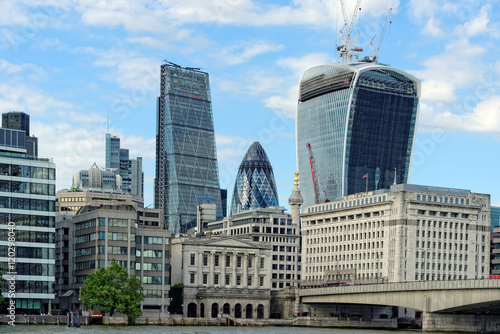 London skyline seen from the Thames river, London, UK.