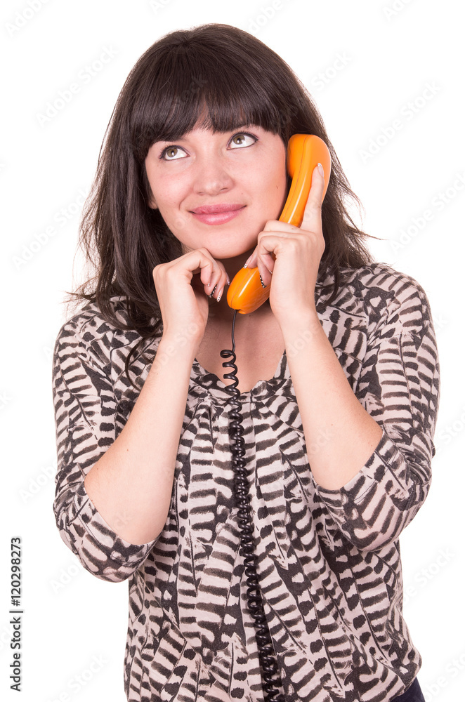 beautiful young woman using retro orange telephone beautiful young woman using retro orange telephone