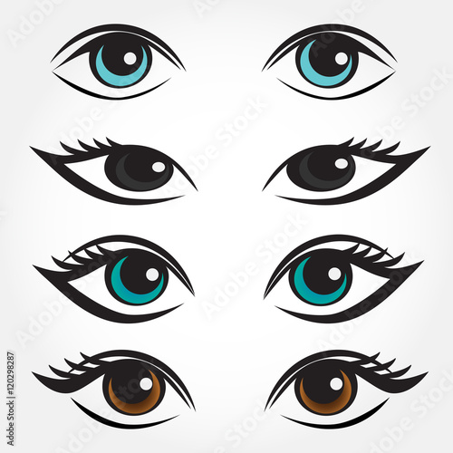 Eye vector set. Man, asian, caucasian and brunette woman eyes.