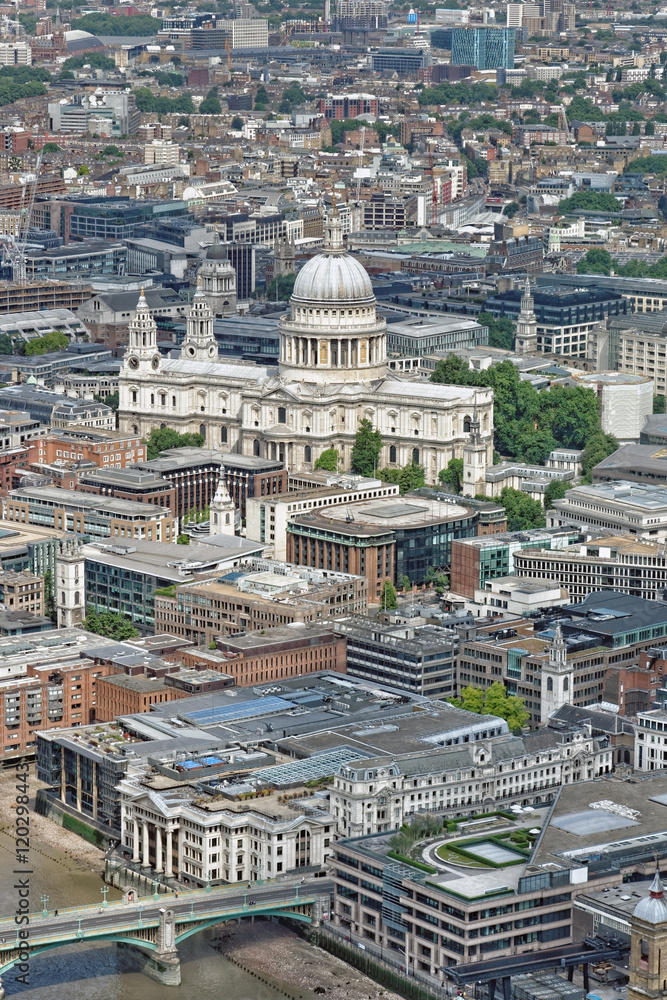 Aerial view of the City of London with St Paul's Cathedral dominating the skyline.