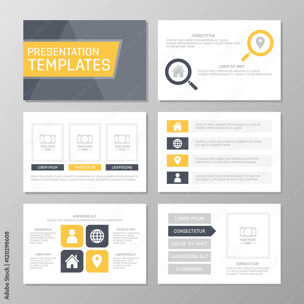 Set of gray and yellow template for multipurpose presentation slides. Leaflet, annual report, book cover design. Set of gray and yellow template for multipurpose presentation slides. Leaflet, annual report, book cover design.