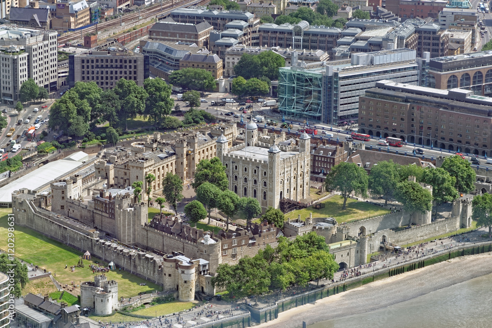Aerial view of Tower of London - Part of the Historic Royal Palaces, housing the Crown Jewels. UK