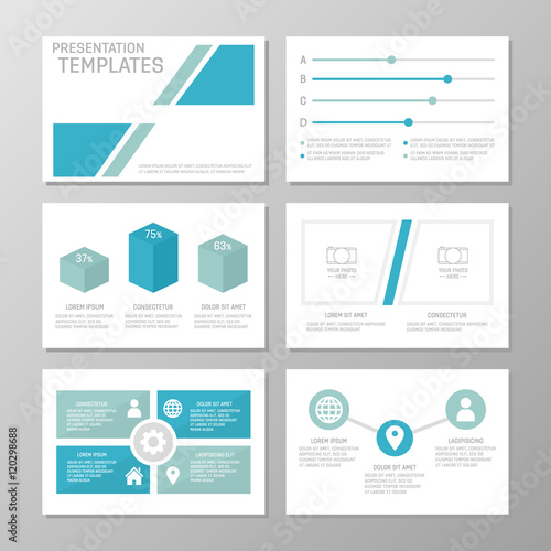 Set of blue and turquoise template for multipurpose presentation slides. Leaflet, annual report, book cover design.