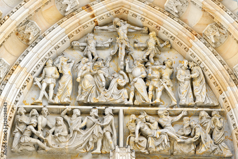 Bas relief decoration above the main entrance of St Vitus Cathedral in Prague, Czech Republic