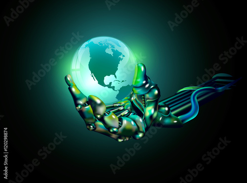 Robot keep the blue glass globe