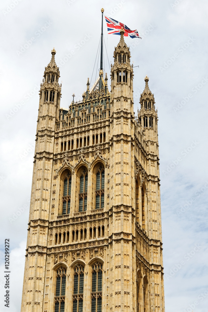 Victoria Tower (Charles Barry design) - largest and tallest tower of Palace of Westminster. Palace of Westminster (or Houses of Parliament) located in City of Westminster, London.