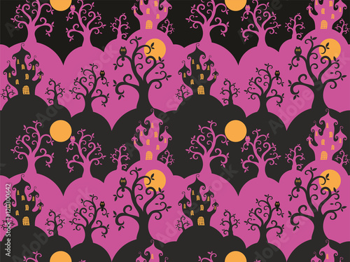 Halloween seamless pattern with the image of a fairytale castle and old trees