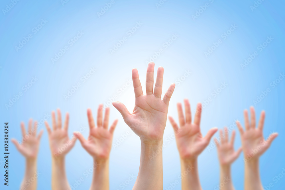 Many people blur hands raising up upward on white background showing vote, volunteering, participation concept/ campaign Many people blur hands raising up upward on white background showing vote, volunteering, participation concept/ campaign