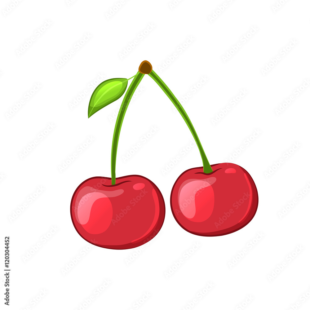 Cherry with leaf. Cartoon icon. Isolated object on a white background. Vector illustration. Cherry with leaf. Cartoon icon. Isolated object on a white background. Vector illustration.