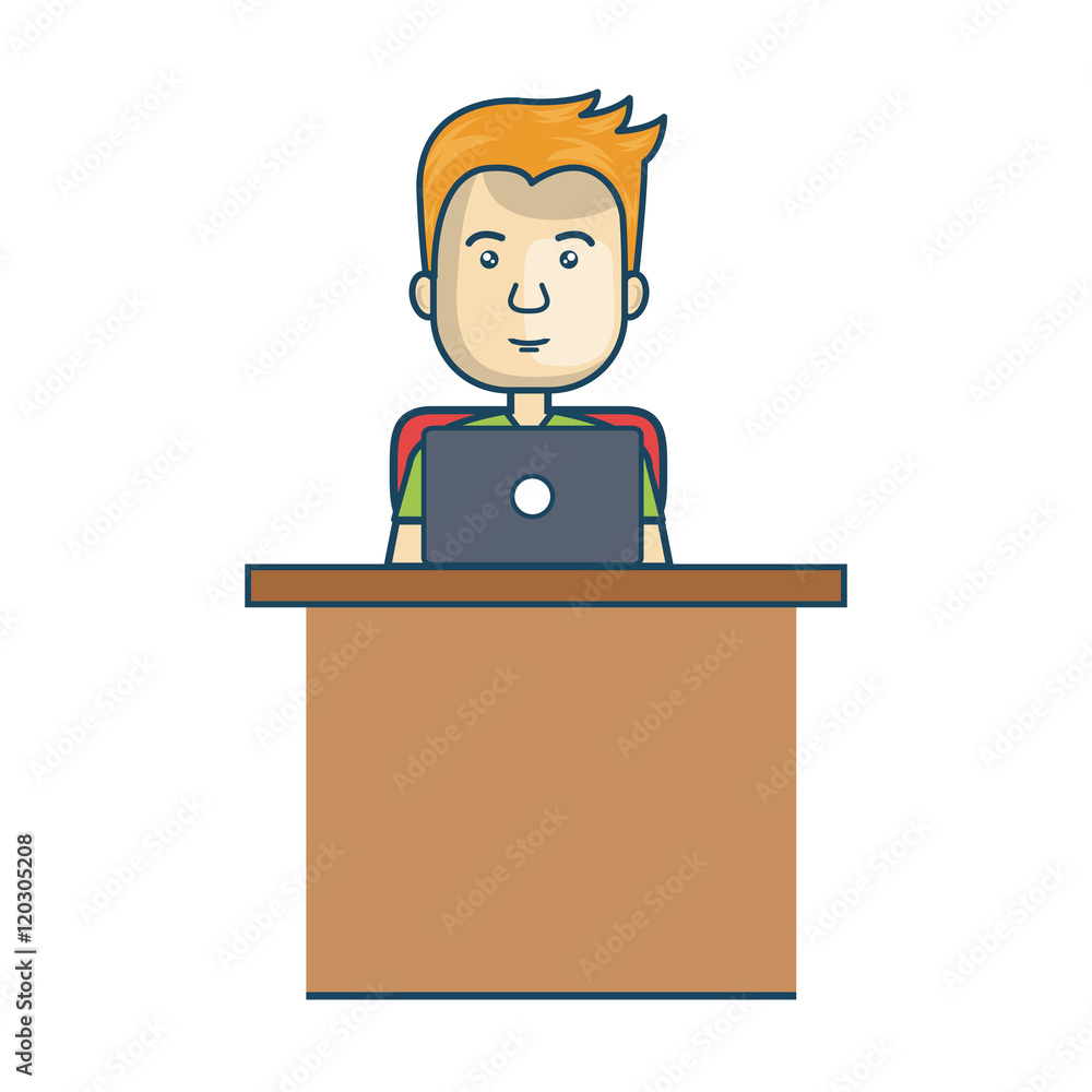 avatar man cartoon working with laptop. office desk. vector illustration avatar man cartoon working with laptop. office desk. vector illustration