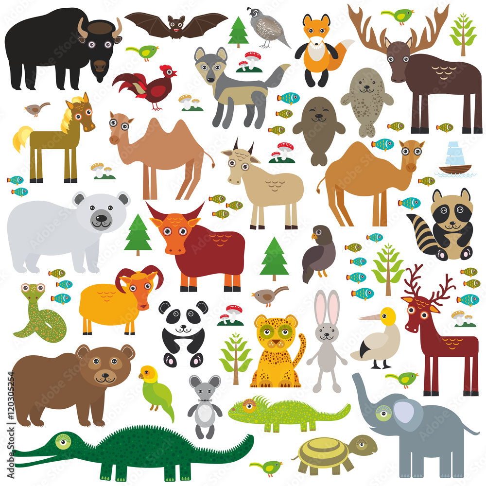 Obraz premium Eurasia animal bison bat fox wolf elk horse cock camel partridge fur seal Walrus goats Polar bear Eagle bull raccoon snake sheep panda leopard Brown bear deer gannet Crocodile turtle elephant. Vector
