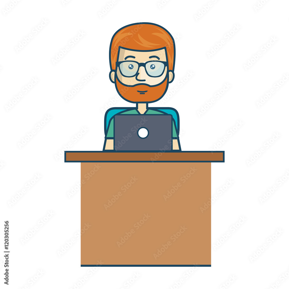 avatar man cartoon working with laptop. office desk. vector illustration avatar man cartoon working with laptop. office desk. vector illustration