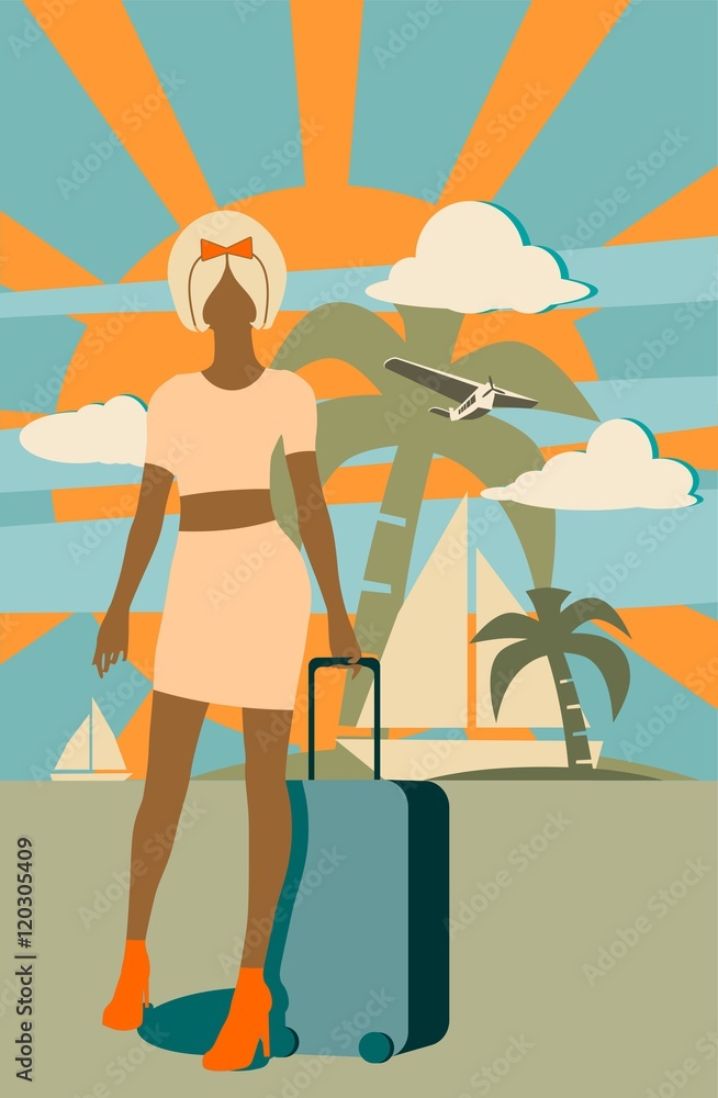 Woman traveler silhouette standing with baggage. Retro hair style. Cloudscape with airplane on backdrop