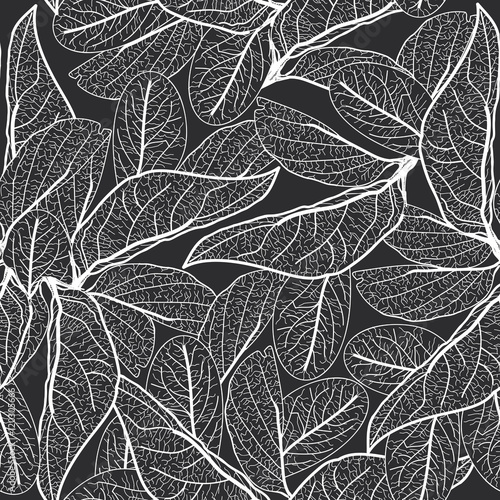 Leaves contours on black background. floral seamless pattern for fabric, wallpaper, pattern fills, web page background, surface textures. hand-drawn. Vector