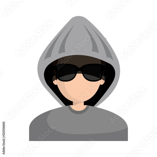 avatar man cartoon hacker digital criminal wearing gray hoodie and black glasses.  vector illustration