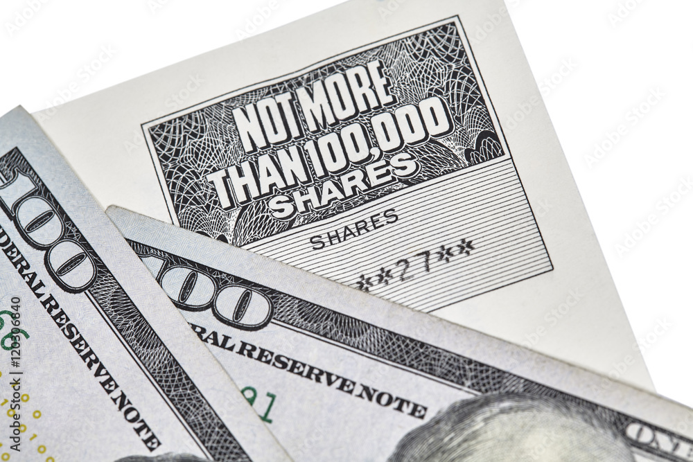 Stock Certificate Shares with American One Hundred Dollar Bill Stock Certificate Shares with American One Hundred Dollar Bill