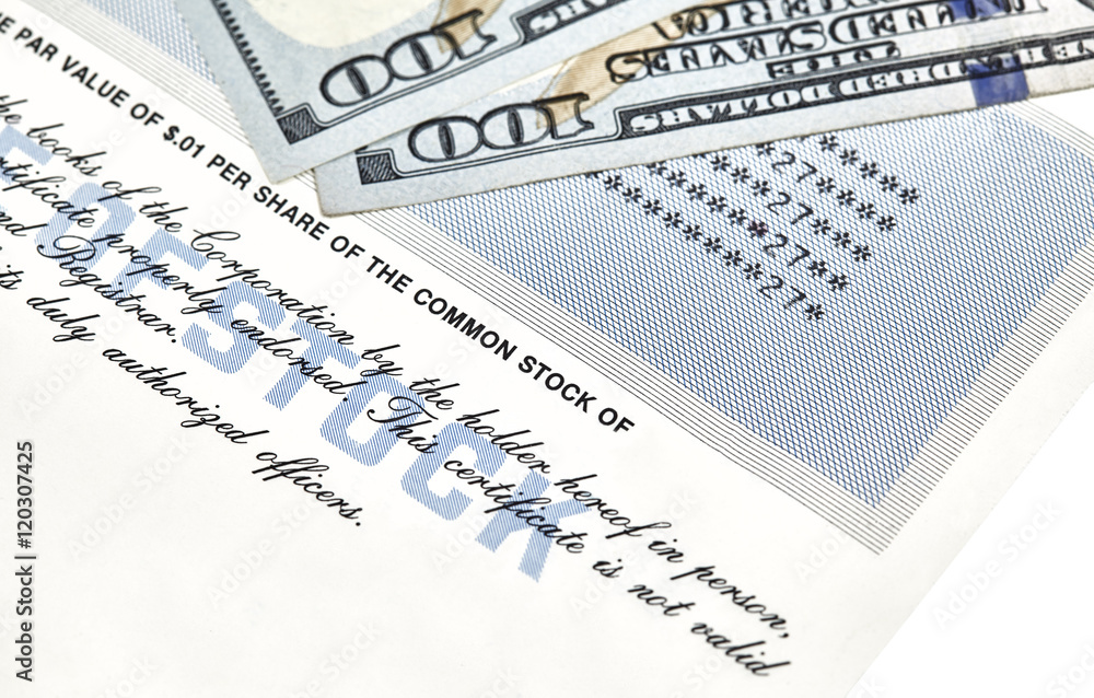 Fototapeta premium Stock Certificate with US One Hundred Dollar Bills