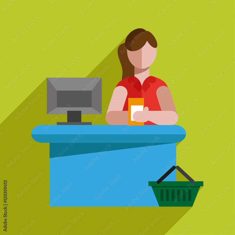 Supermarket store cashier woman.Vector illustration. Supermarket store cashier woman.Vector illustration.