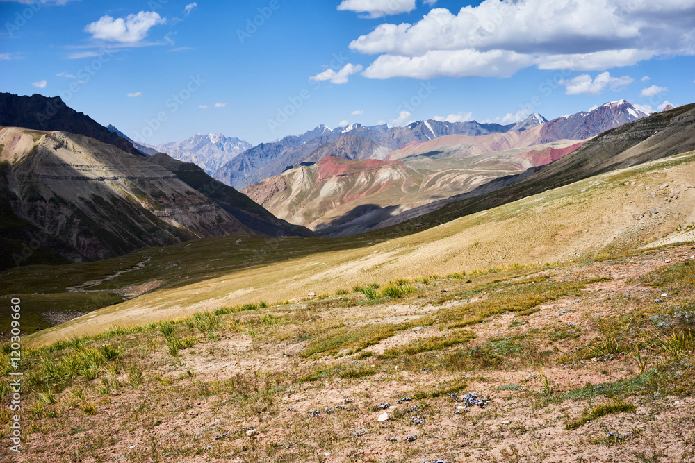 Colored mountains in Kichik-Alai valley in Kyrgyzstan