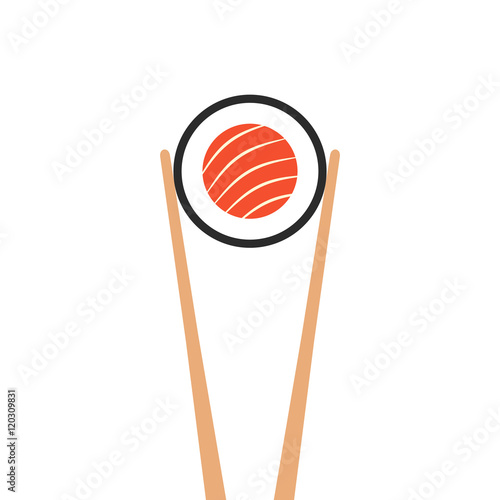 chopsticks holding sushi roll