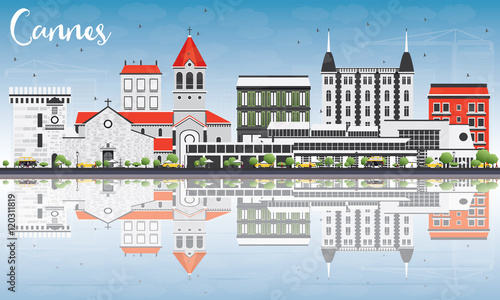 Cannes Skyline with Gray Buildings, Blue Sky and Reflections.