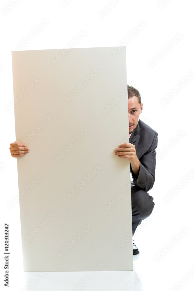 Suit tie businessman displaying placard Suit tie businessman displaying placard
