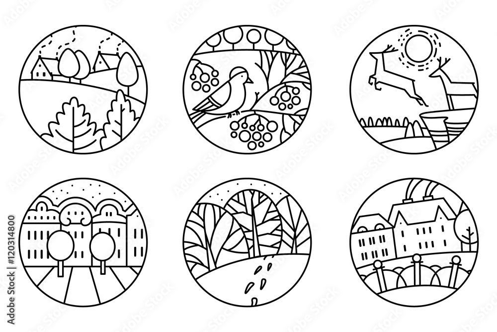 Thin simply round icons set with urban and nature winter landscapes.