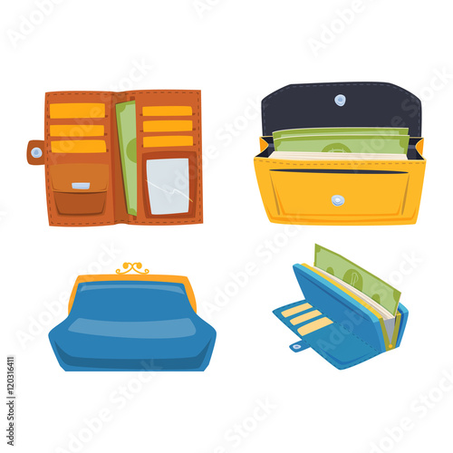 Open purse leather wallet with money shopping. Shopping buy change business currency leather open purse wallet. Financial one payment bag accessory object open purse trendy wallet vector.