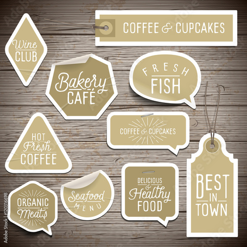 Stickers on rustic wood background for cafe and restaurant