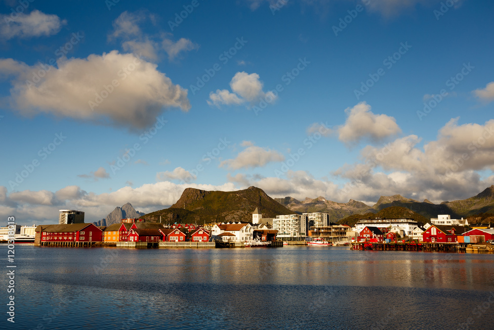 View on Svolvaer town, Lofoten, with surrounding mountains in th
