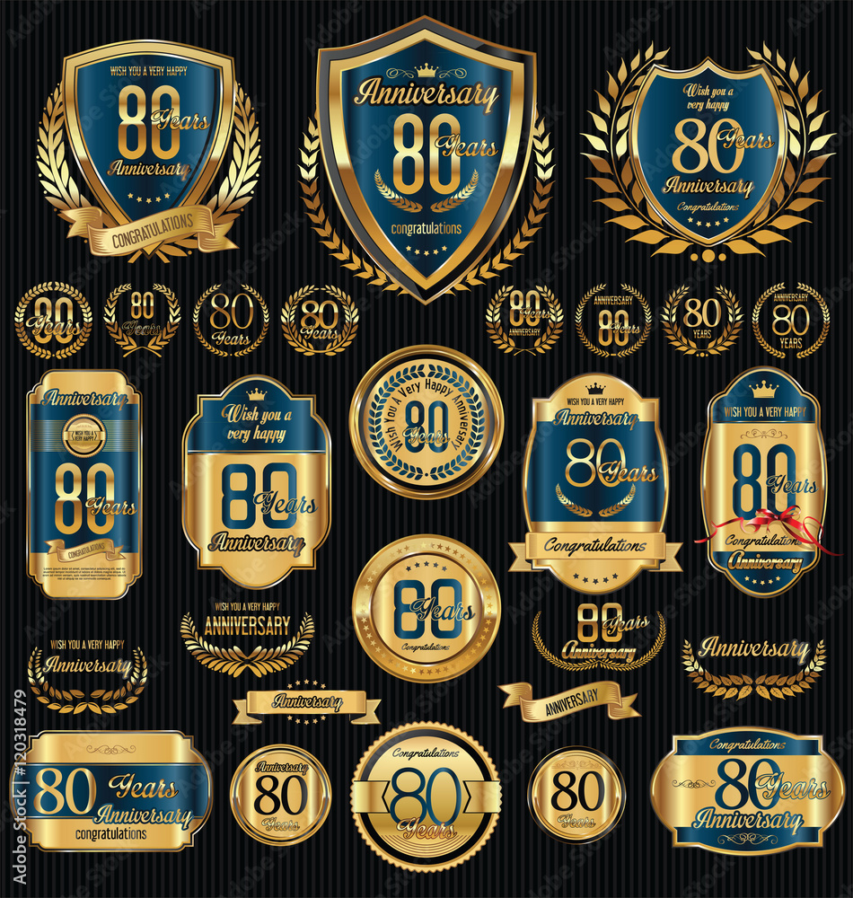 Obraz premium Anniversary golden shields laurel wreaths and badges collection 